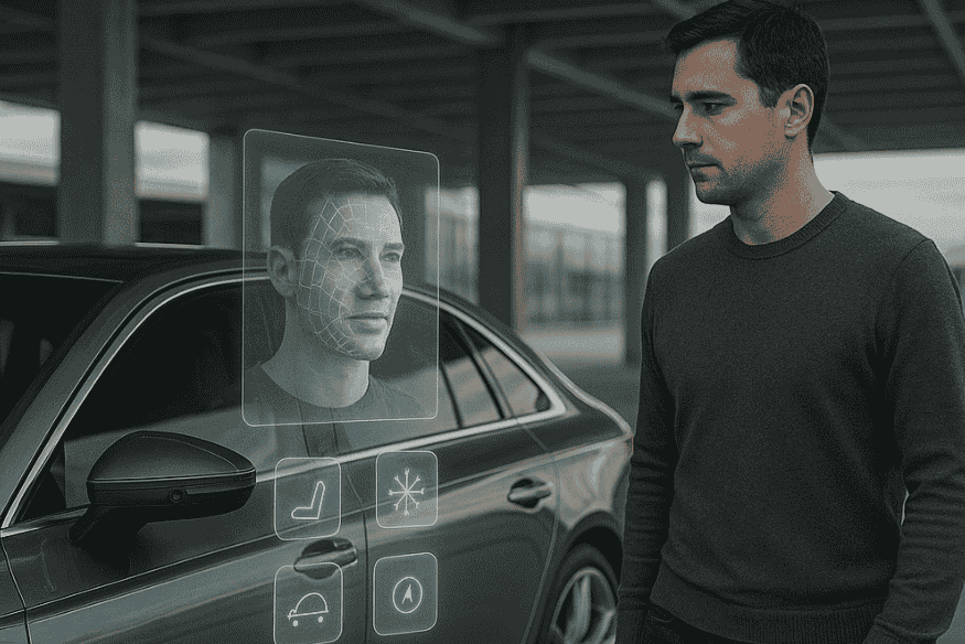 Homem em frente a um carro moderno interagindo com uma interface holográfica que exibe seu rosto escaneado e ícones de personalização do veículo.