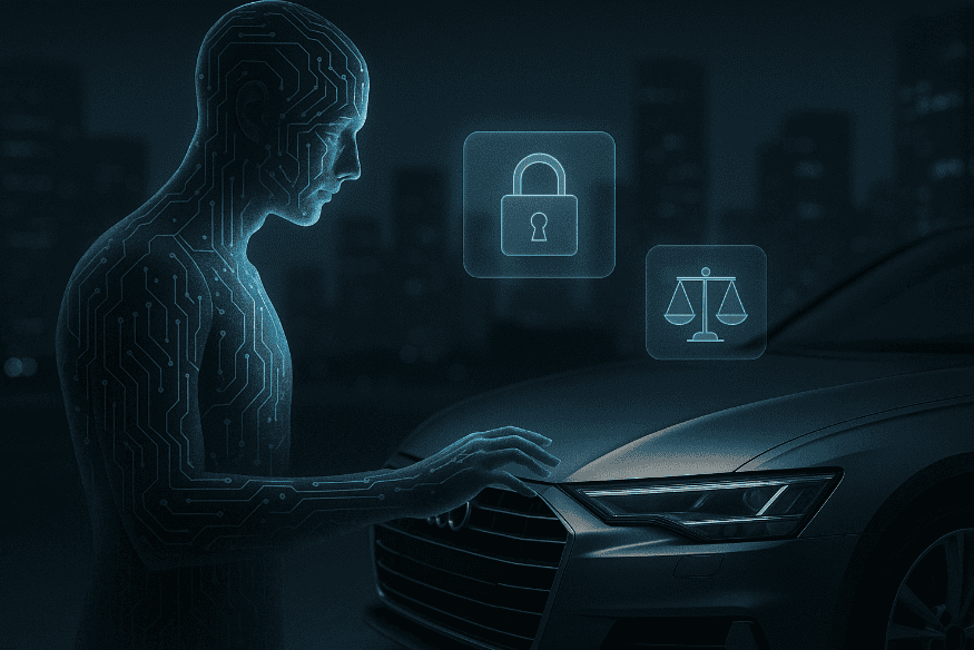Representação digital de uma figura humana composta por circuitos interagindo com um carro moderno, ao lado de ícones de cadeado e balança de justiça.