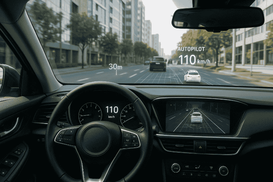 Interface futurista de condução autônoma com painel digital exibindo informações de segurança