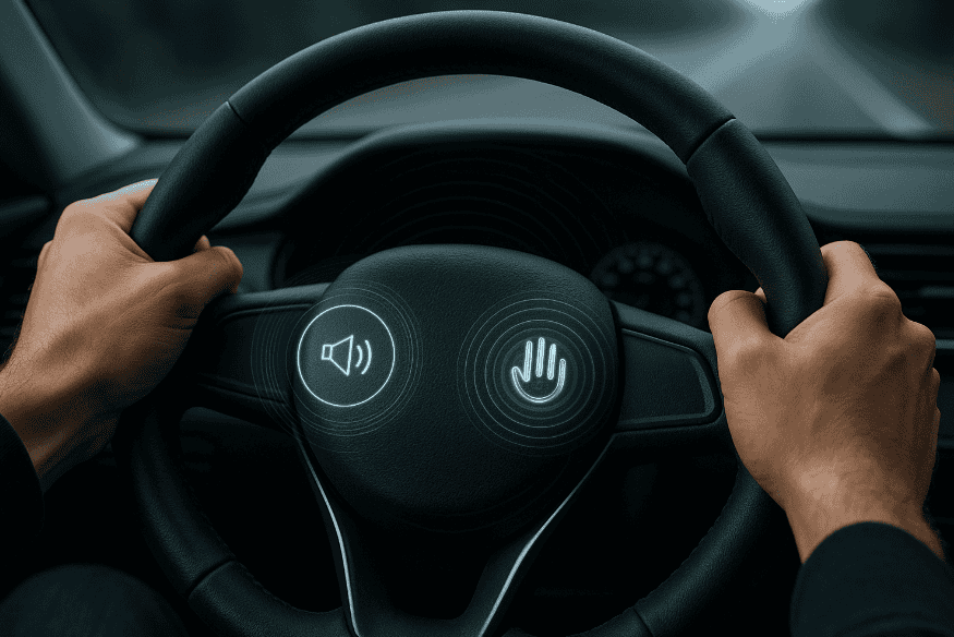 Mãos segurando volante com ícones táteis de som e alerta em destaque, representando tecnologia sensorial ativa.