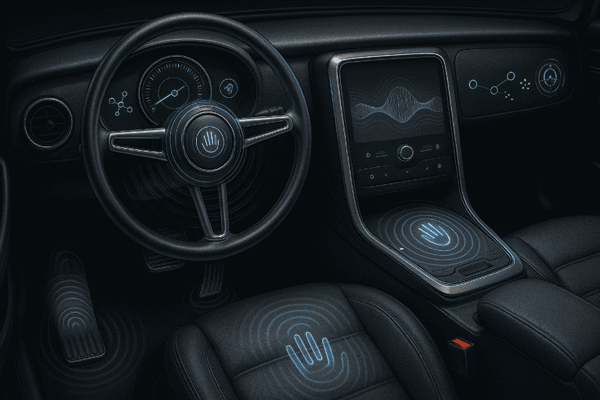 Interior de carro exibindo volante, bancos, pedais e painel com sensores táteis ativados, representando tecnologia háptica avançada.