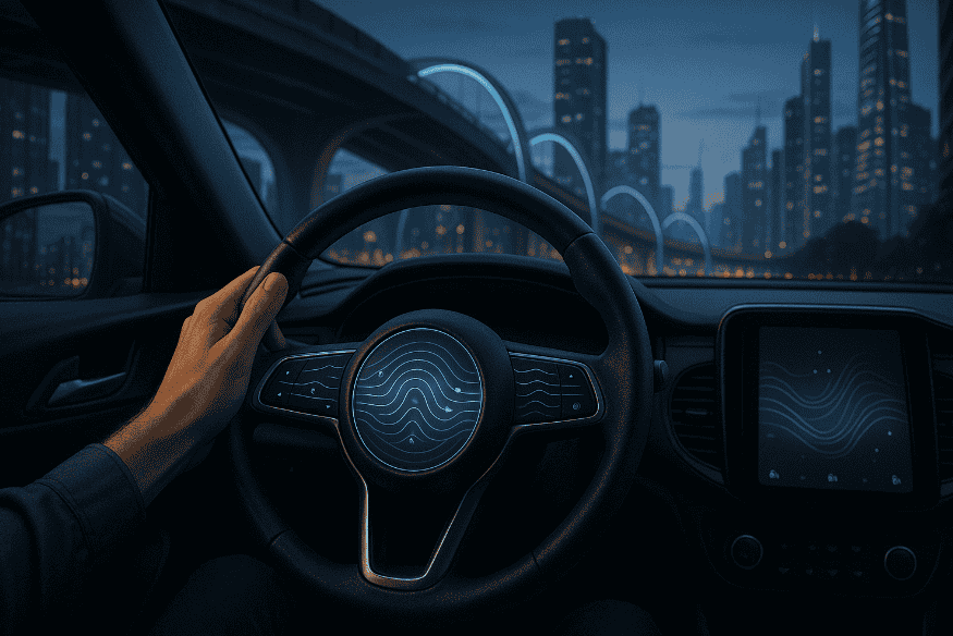 Motorista guiando à noite com interface sensorial iluminada no volante e cidade ao fundo, representando conexão entre homem e máquina.