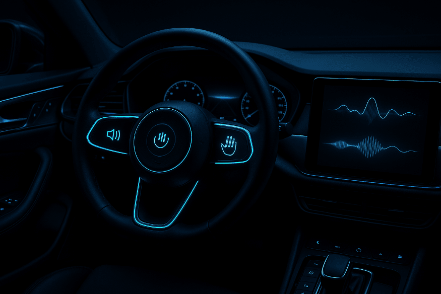 Painel de carro futurista com volante iluminado exibindo ícones de som e toque, ao lado de tela digital com ondas sonoras em destaque.