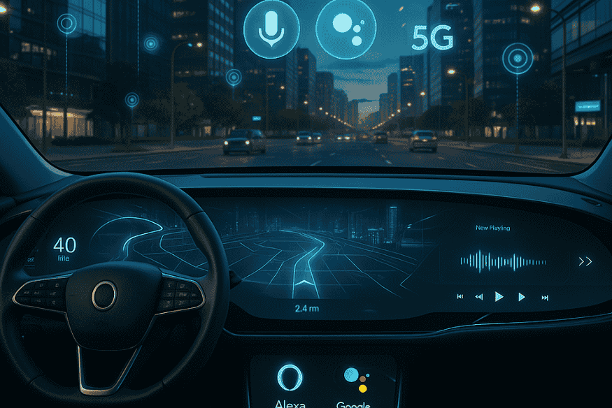 Interior de um carro futurista com painel digital curvo, exibindo assistentes virtuais, navegação por inteligência artificial e conectividade 5G em uma cidade inteligente.