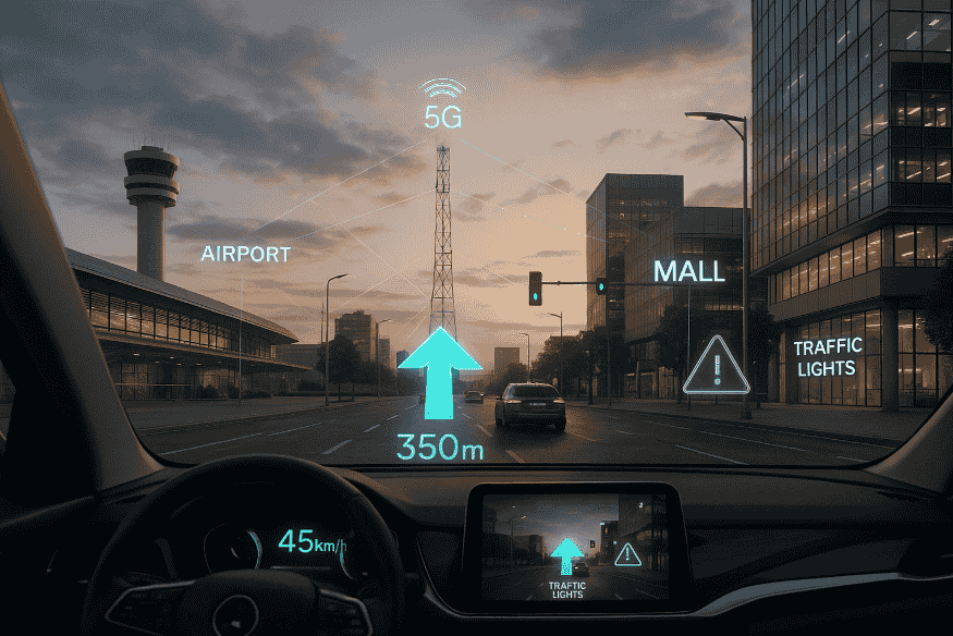 Interface de realidade aumentada projetada no para-brisa de um carro, mostrando direções, alertas e conexões com infraestrutura urbana.