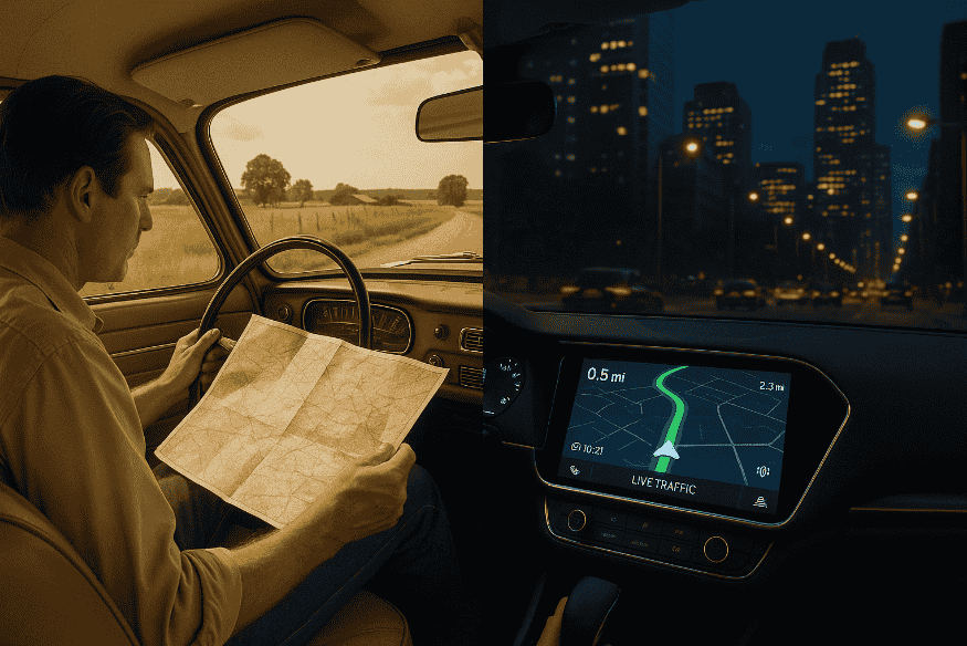 Comparação entre um motorista usando mapa de papel e outro com GPS digital em um painel moderno.