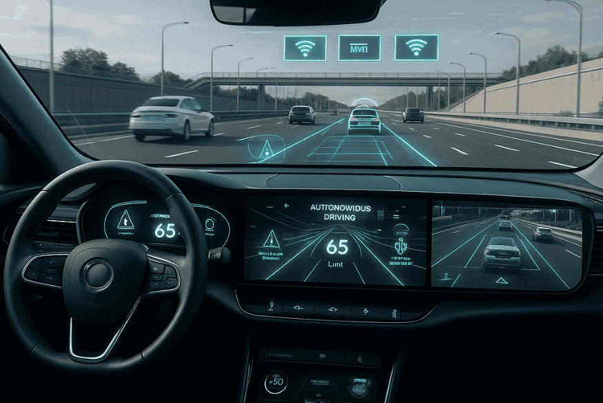 Interior de veículo moderno com painel digital mostrando direção autônoma, sensores ativos e detecção de veículos à frente