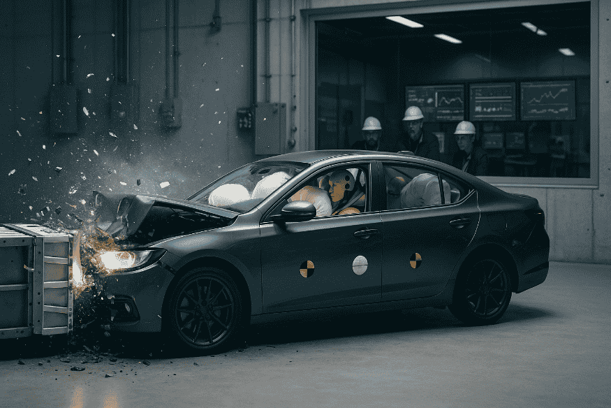 Carro colidindo contra barreira deformável em teste de colisão frontal, com airbags acionados e bonecos de teste a bordo