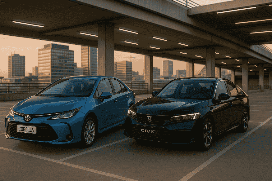 Toyota Corolla azul e Honda Civic preto estacionados lado a lado em um estacionamento coberto ao entardecer, com edifícios comerciais ao fundo.