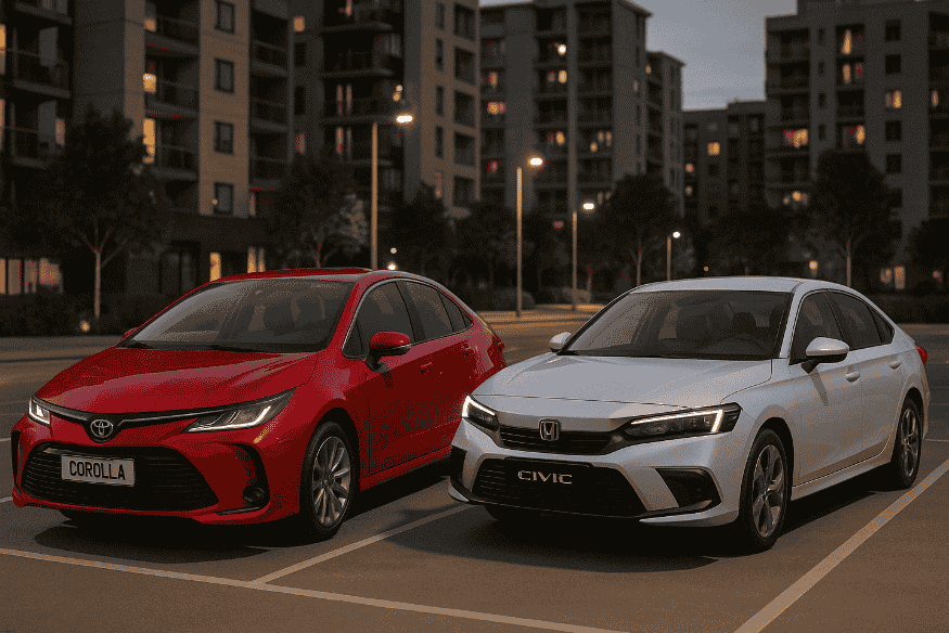 Toyota Corolla vermelho e Honda Civic branco lado a lado em estacionamento ao entardecer.