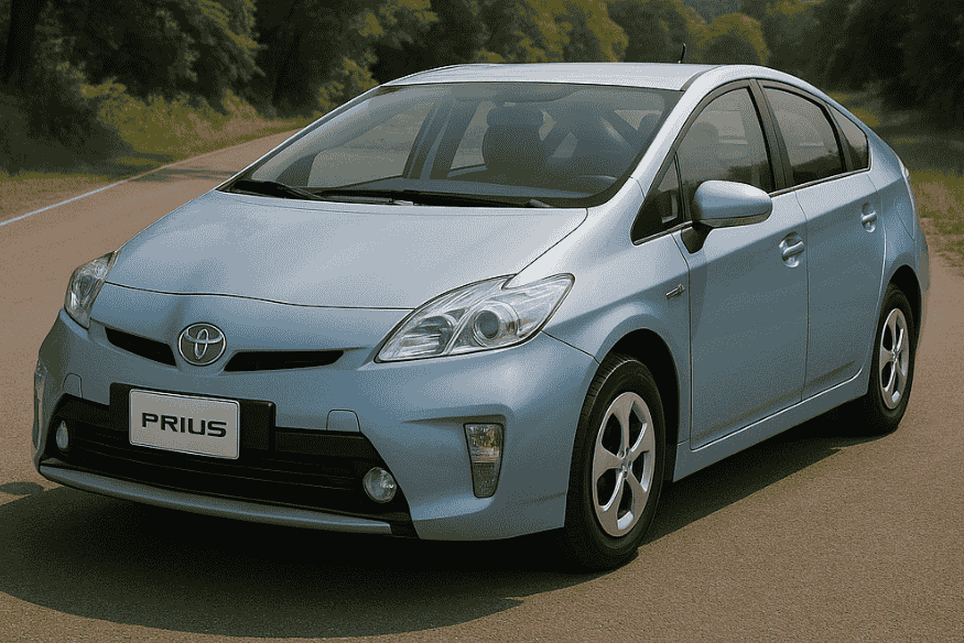 Toyota Prius 2013 azul-claro estacionado em via arborizada, primeiro modelo lançado no Brasil.