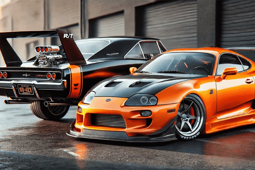 Dodge Charger preto e Toyota Supra laranja lado a lado em um cenário urbano.