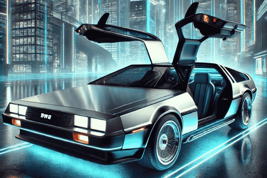 DeLorean DMC-12 com portas abertas em um cenário futurista iluminado por neon.