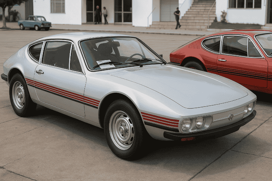 Volkswagen SP2 clássico exposto em evento automotivo, modelo esportivo brasileiro dos anos 1970.