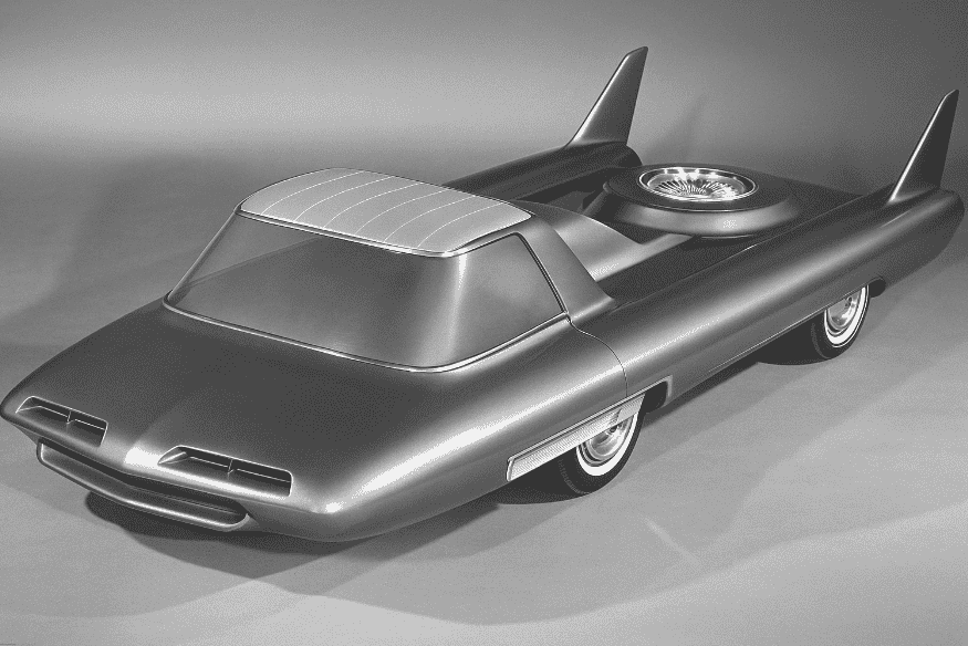 Protótipo futurista Ford Nucleon de 1958, com design aerodinâmico e inspirado em energia nuclear.