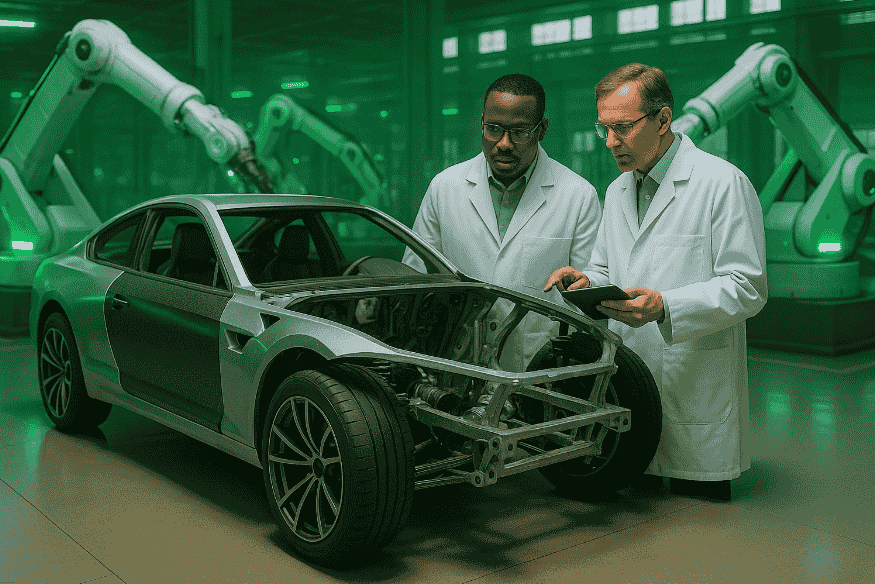 Engenheiros analisando estrutura automotiva de materiais leves em uma fábrica moderna com braços robóticos ao fundo.
