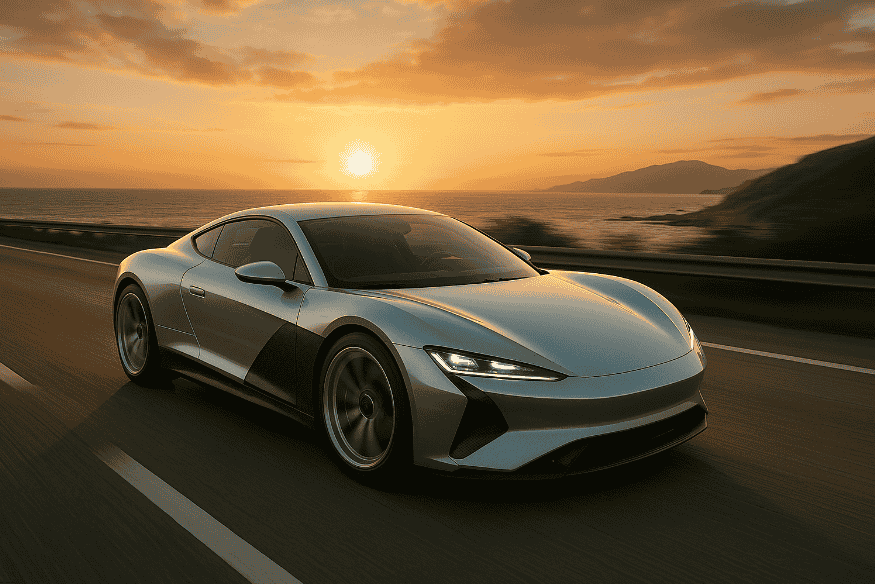 Carro esportivo elétrico ultraleve acelerando em estrada costeira ao pôr do sol, simbolizando eficiência e mobilidade sustentável.