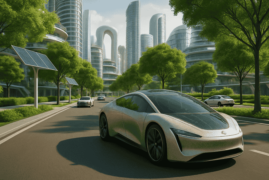 Cidade inteligente futurista com veículos autônomos ultraleves feitos de biomateriais circulando em ruas arborizadas.