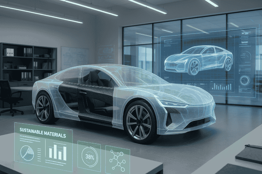 Veículo futurista com estrutura de fibra de carbono e alumínio em um estúdio de design automotivo iluminado por hologramas.