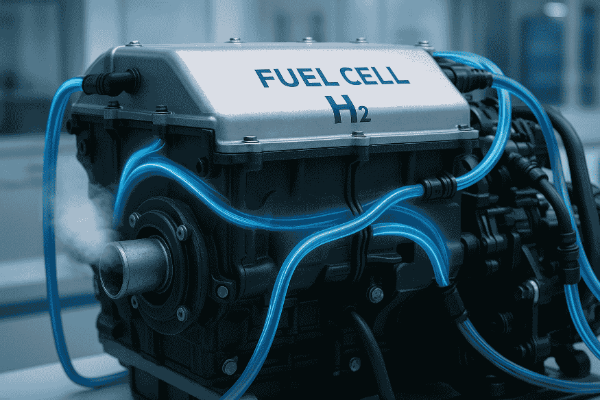 Close-up de um motor de célula de combustível a hidrogênio emitindo vapor de água em ambiente de laboratório tecnológico.