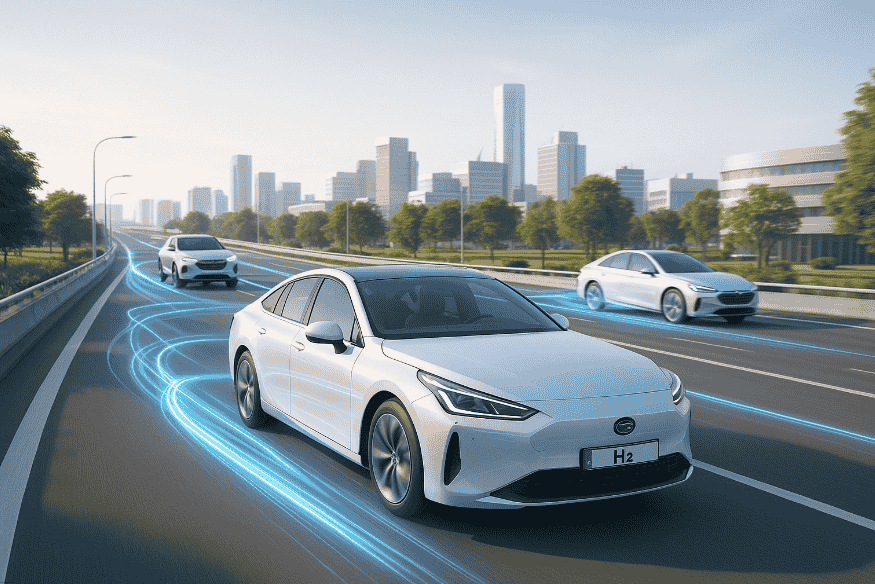 Estrada futurista com carros movidos a hidrogênio em circulação sob céu limpo, representando mobilidade sustentável.