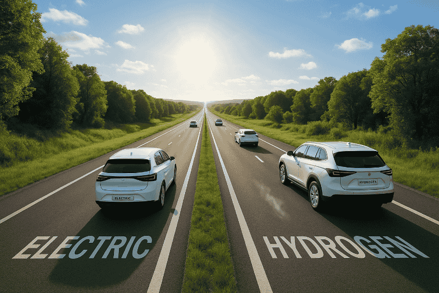 Estrada dividida entre veículos elétricos a bateria e veículos movidos a hidrogênio avançando em direção a um horizonte ensolarado.