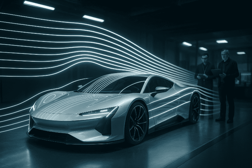 Supercarro sendo testado em túnel de vento com visualização de fluxo de ar.